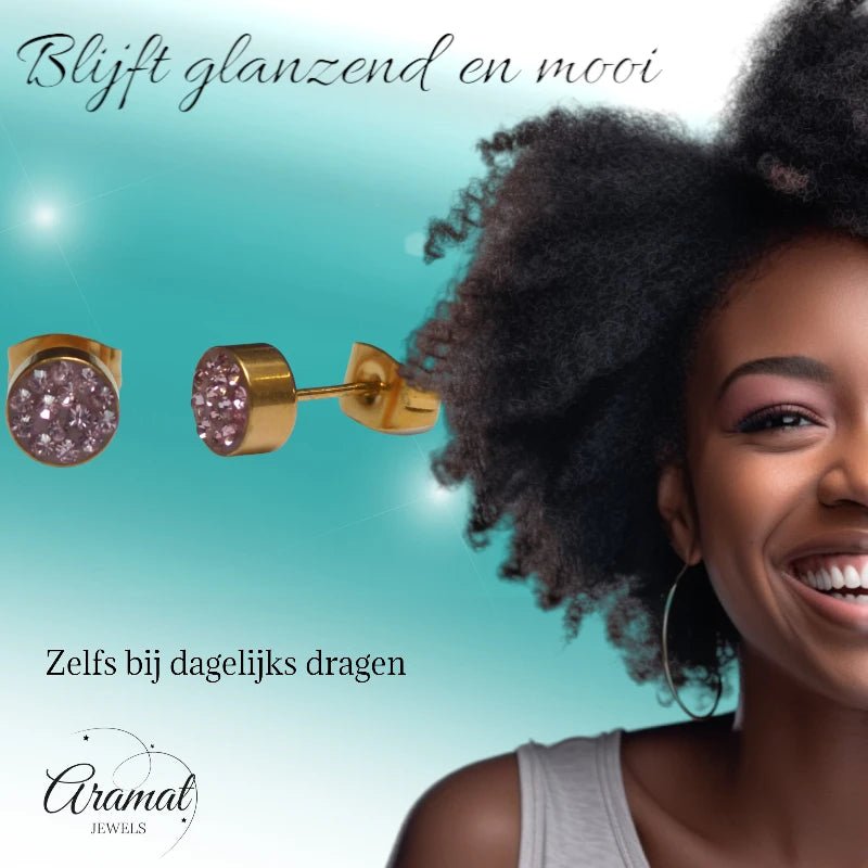 Roze kristallen oorstekers 6 mm &acirc;&euro;&ldquo; goudkleurig -