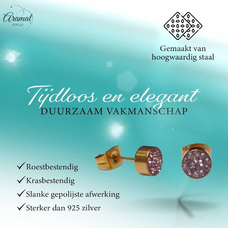 Roze kristallen oorstekers 6 mm &acirc;&euro;&ldquo; goudkleurig -