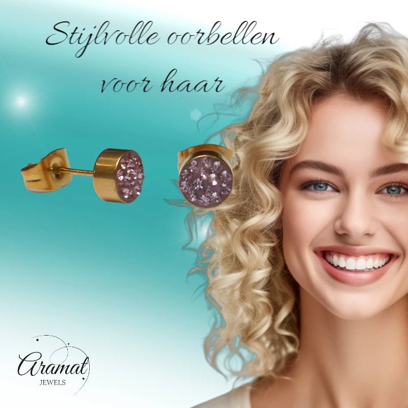Roze kristallen oorstekers 6 mm &acirc;&euro;&ldquo; goudkleurig -