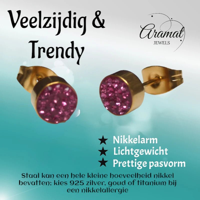 Fuchsia kristallen oorstekers 6 mm &acirc;&euro;&ldquo; goudkleurig -