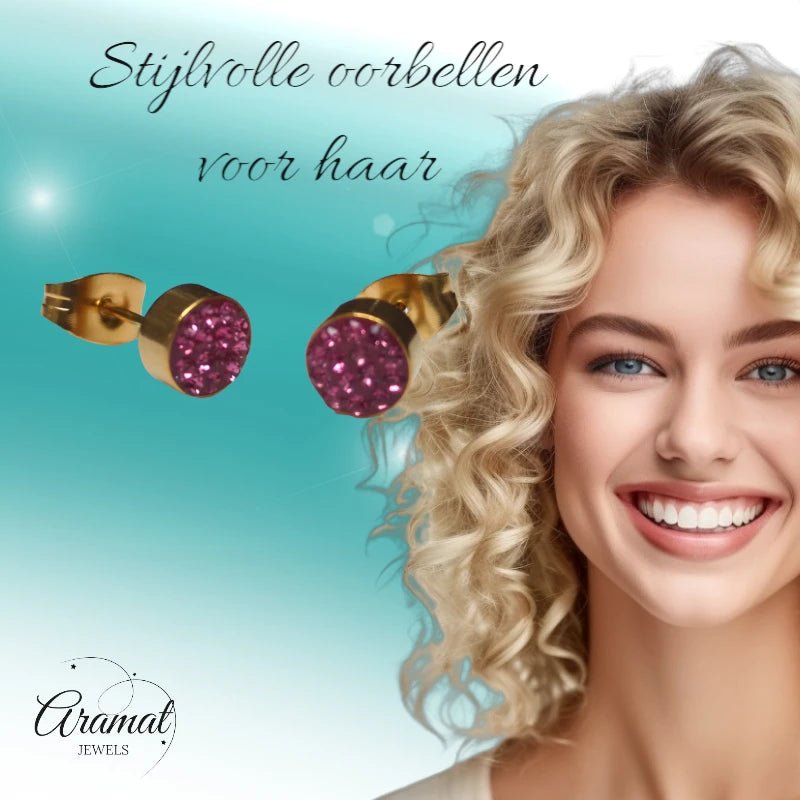 Fuchsia kristallen oorstekers 6 mm &acirc;&euro;&ldquo; goudkleurig -