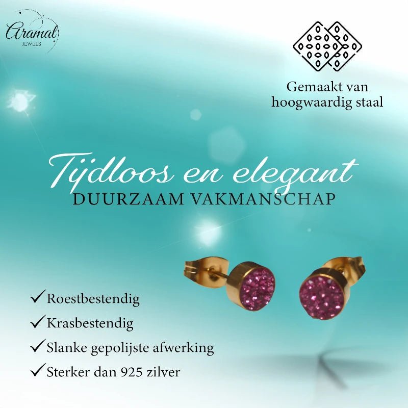Fuchsia kristallen oorstekers 6 mm &acirc;&euro;&ldquo; goudkleurig -
