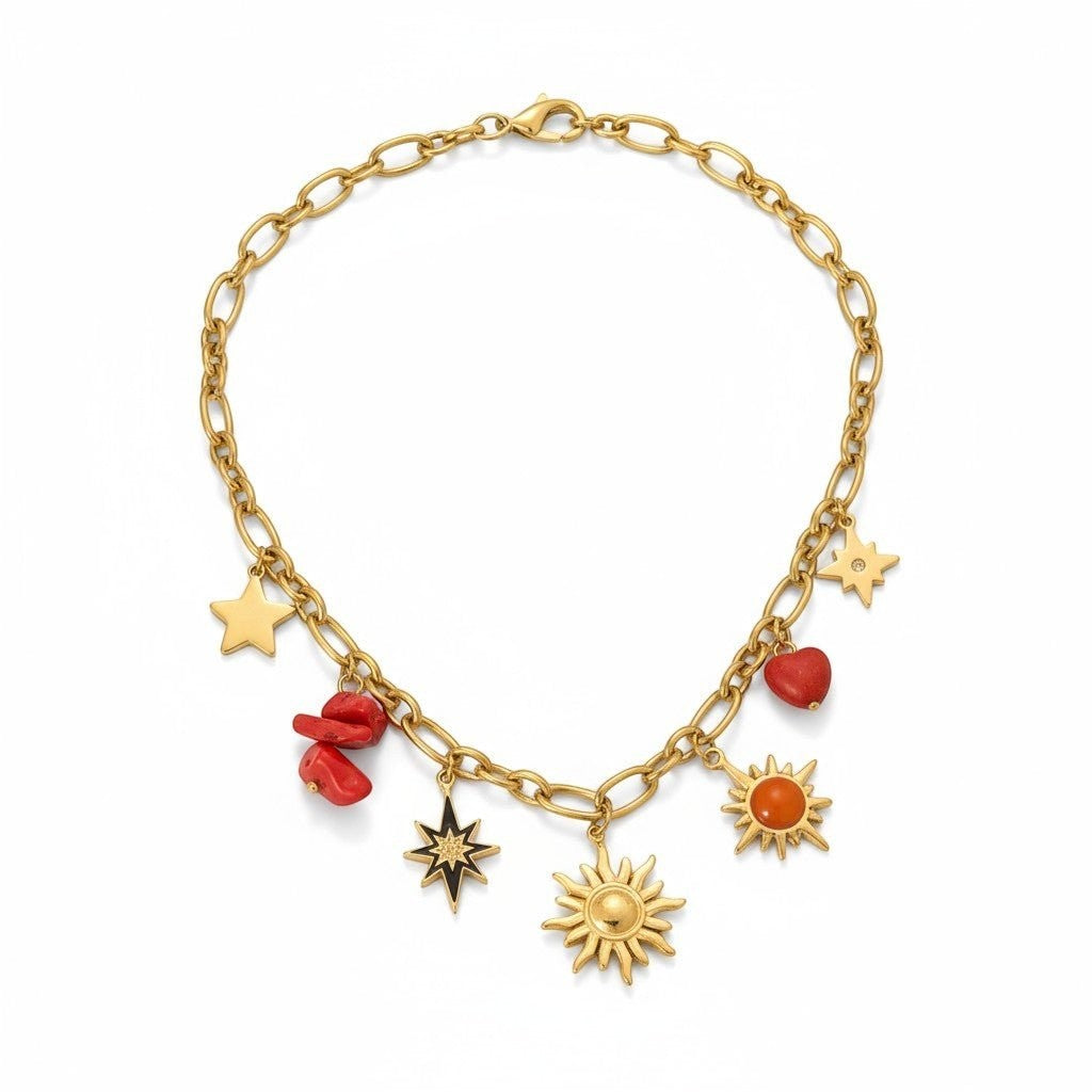 Goudkleurige bedel ketting met zon, hart & natuursteen - Dames