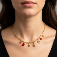Goudkleurige bedel ketting met zon, hart & natuursteen - Dames