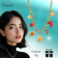 Goudkleurige bedel ketting met zon, hart & natuursteen - Dames