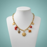 Goudkleurige bedel ketting met zon, hart & natuursteen - Dames