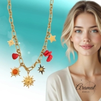Goudkleurige bedel ketting met zon, hart & natuursteen - Dames