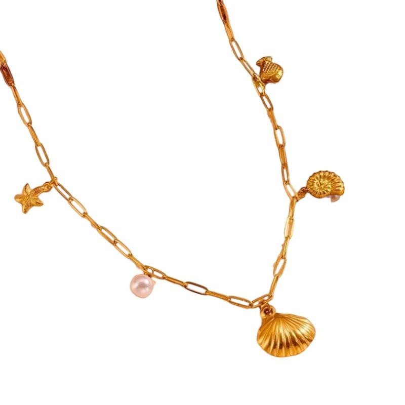 Goudkleurige bedelketting met parel & zeethema - Dames
