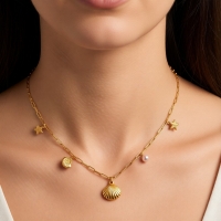 Goudkleurige bedelketting met parel & zeethema - Dames