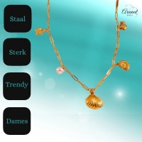 Goudkleurige bedelketting met parel & zeethema - Dames