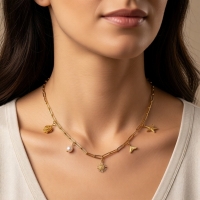 Multi Bedelketting goudkleurig &acirc;&euro;&ldquo; parel & zeethema - Dames