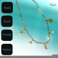 Multi Bedelketting goudkleurig &acirc;&euro;&ldquo; parel & zeethema - Dames