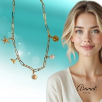 Multi Bedelketting goudkleurig &acirc;&euro;&ldquo; parel & zeethema - Dames