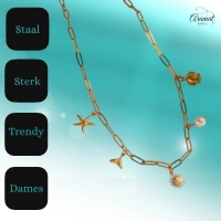 Multi Bedelketting goudkleurig &acirc;&euro;&ldquo; parel & zeethema - Dames