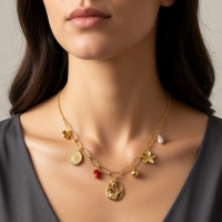 RVS Goudkleurige bedelketting &acirc;&euro;&ldquo; parel & natuursteen - Dames