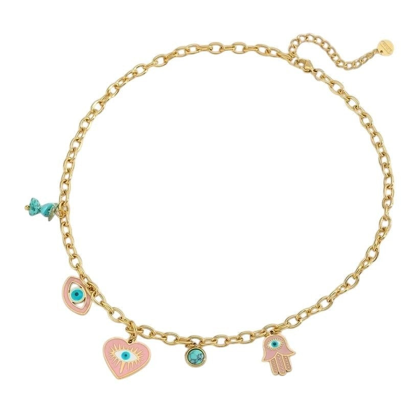 Goudkleurige stainless steel multi-charm ketting &acirc;&euro;&ldquo; met hamsa, boze oog & hart
