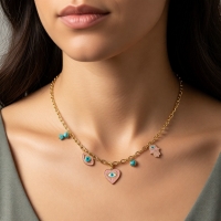 Goudkleurige stainless steel multi-charm ketting &acirc;&euro;&ldquo; met hamsa, boze oog & hart