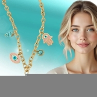 Goudkleurige stainless steel multi-charm ketting &acirc;&euro;&ldquo; met hamsa, boze oog & hart