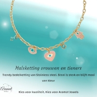 Goudkleurige stainless steel multi-charm ketting &acirc;&euro;&ldquo; met hamsa, boze oog & hart