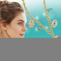 Goudkleurige stainless steel multi-charm ketting &acirc;&euro;&ldquo; met hamsa, boze oog & hart