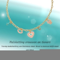Goudkleurige stainless steel multi-charm ketting &acirc;&euro;&ldquo; met hamsa, boze oog & hart