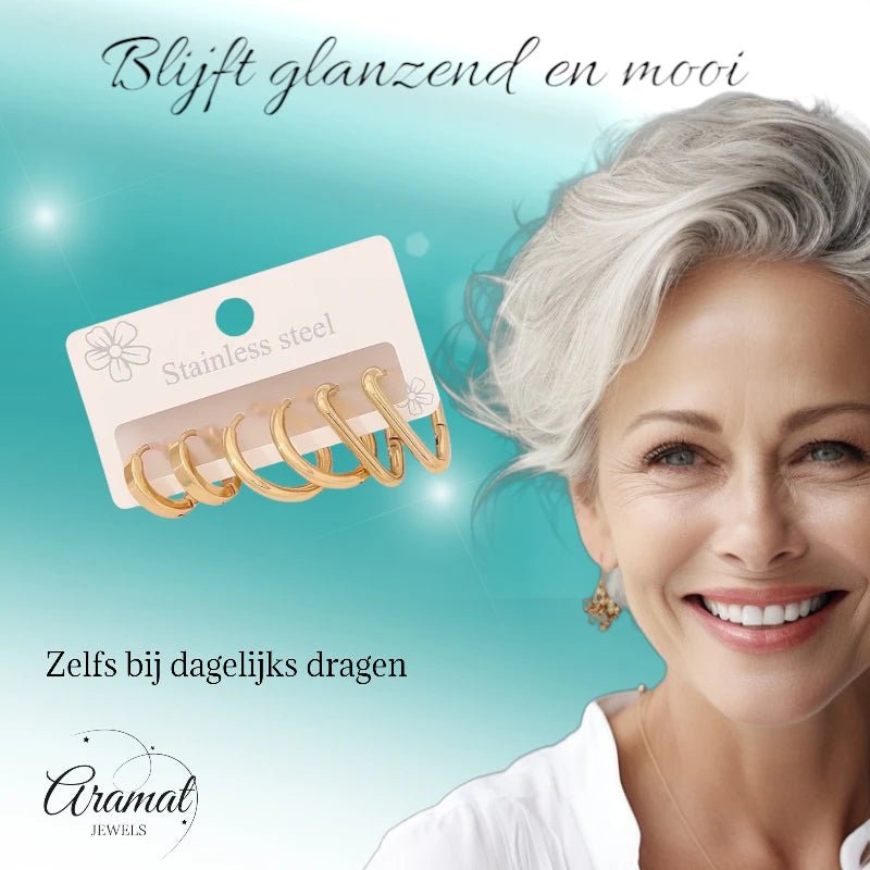 Goudkleurige stainless steel oorringenset &acirc;&euro;&ldquo; 2x rond + 1x driehoekig &acirc;&euro;