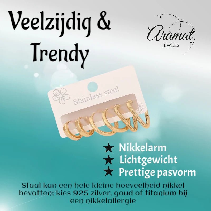 Goudkleurige stainless steel oorringenset &acirc;&euro;&ldquo; 2x rond + 1x driehoekig &acirc;&euro;