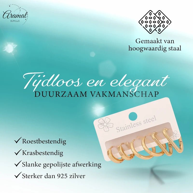 Goudkleurige stainless steel oorringenset &acirc;&euro;&ldquo; 2x rond + 1x driehoekig &acirc;&euro;