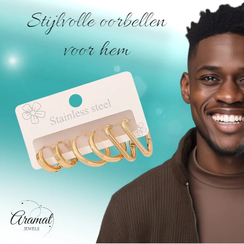 Goudkleurige stainless steel oorringenset &acirc;&euro;&ldquo; 2x rond + 1x driehoekig &acirc;&euro;