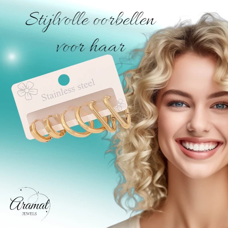 Goudkleurige stainless steel oorringenset &acirc;&euro;&ldquo; 2x rond + 1x driehoekig &acirc;&euro;