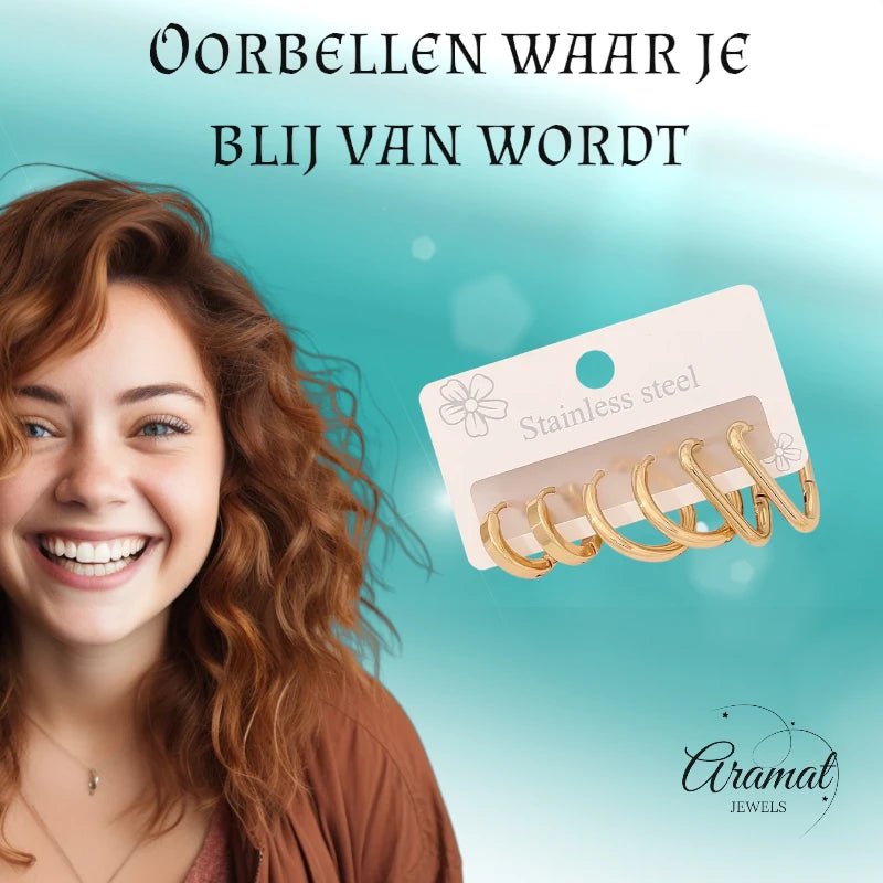 Goudkleurige stainless steel oorringenset &acirc;&euro;&ldquo; 2x rond + 1x driehoekig &acirc;&euro;