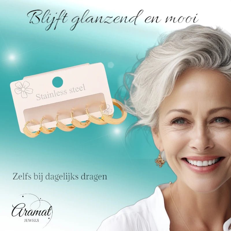 Goudkleurige stainless steel oorringen set &acirc;&euro;&ldquo; 3 maten ronde huggies &acirc;&euro;&