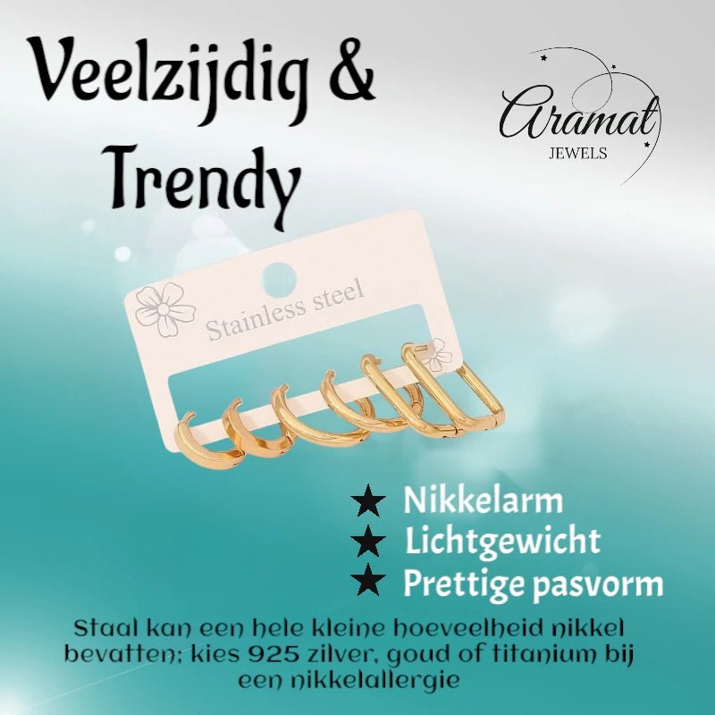 Goudkleurige stainless steel oorringenset &acirc;&euro;&ldquo; 2x rond + 1x rechthoekig &acirc;&euro