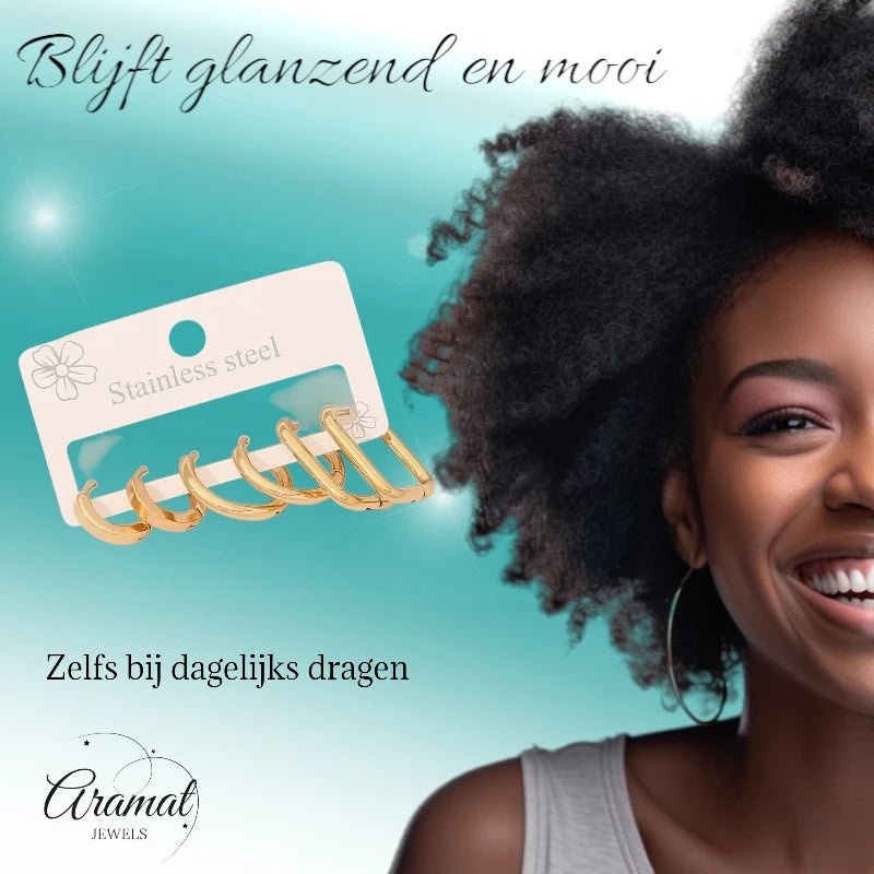 Goudkleurige stainless steel oorringenset &acirc;&euro;&ldquo; 2x rond + 1x rechthoekig &acirc;&euro