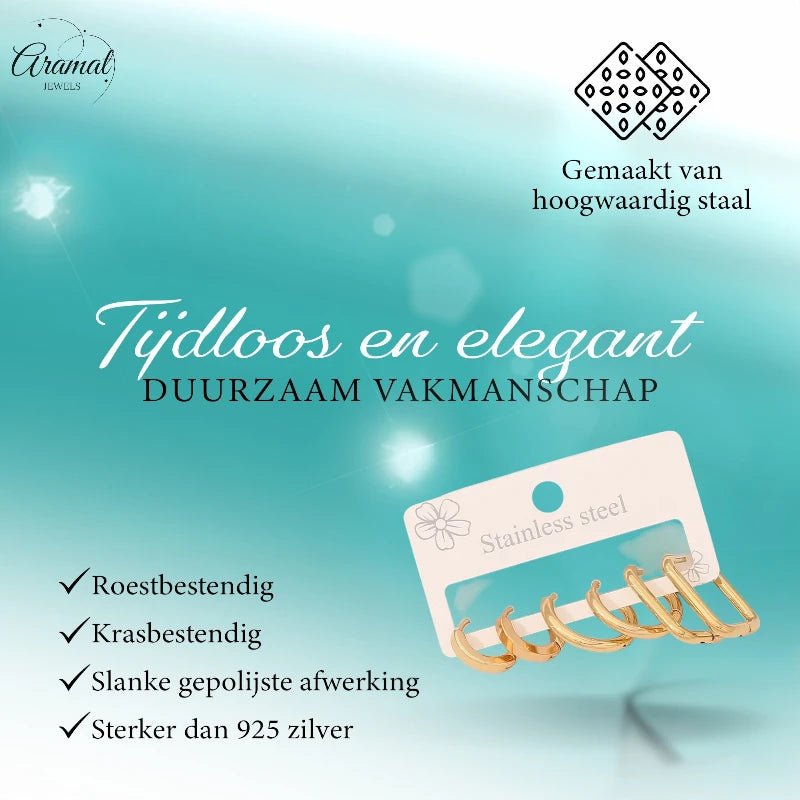 Goudkleurige stainless steel oorringenset &acirc;&euro;&ldquo; 2x rond + 1x rechthoekig &acirc;&euro