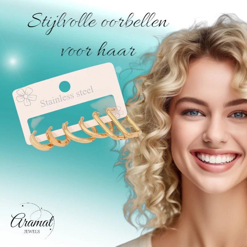 Goudkleurige stainless steel oorringenset &acirc;&euro;&ldquo; 2x rond + 1x rechthoekig &acirc;&euro