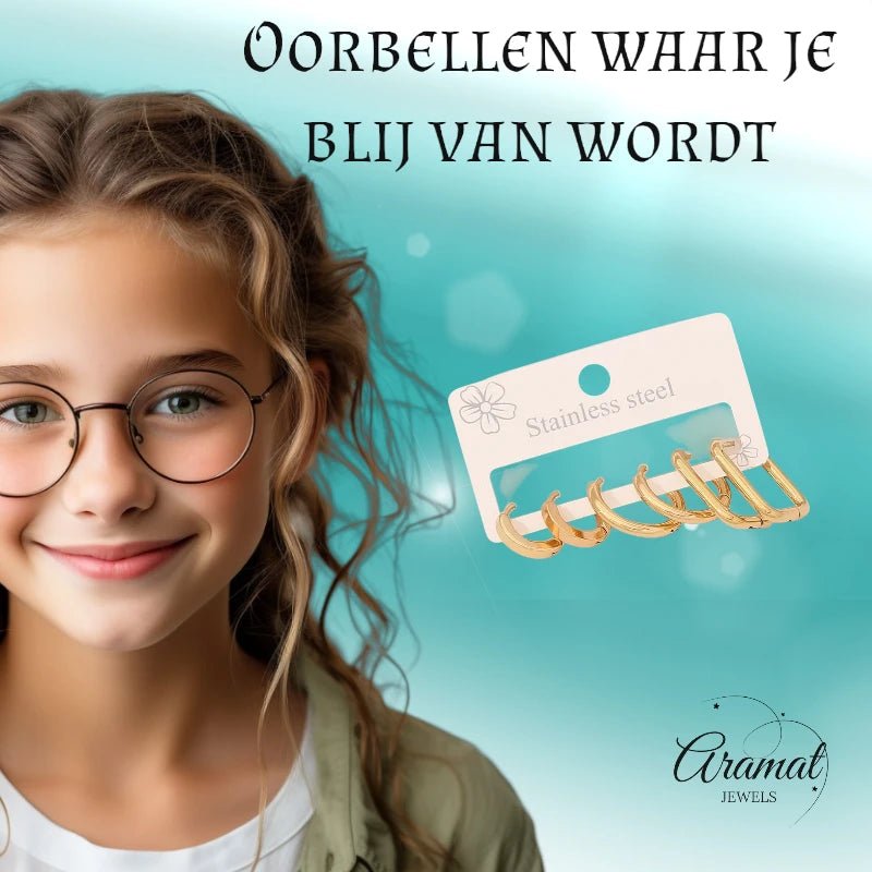 Goudkleurige stainless steel oorringenset &acirc;&euro;&ldquo; 2x rond + 1x rechthoekig &acirc;&euro
