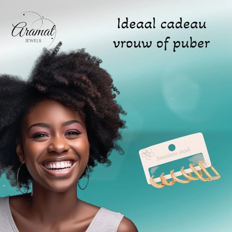 Goudkleurige stainless steel oorringenset &acirc;&euro;&ldquo; 2x rond + 1x rechthoekig &acirc;&euro