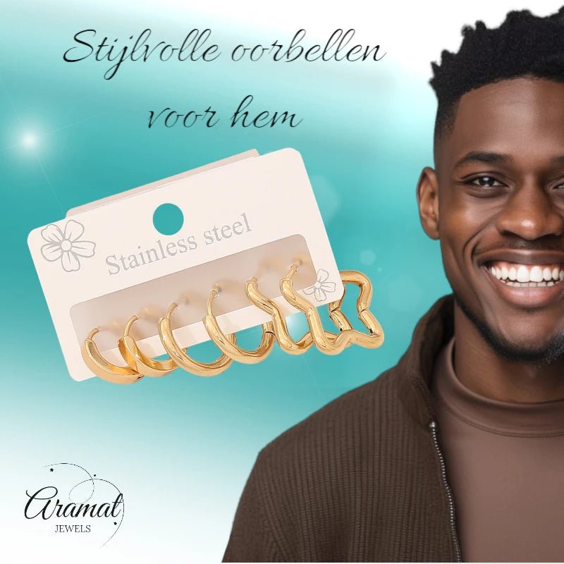 Goudkleurige stainless steel oorringenset &acirc;&euro;&ldquo; 2x rond + 1x stervormig &acirc;&euro;