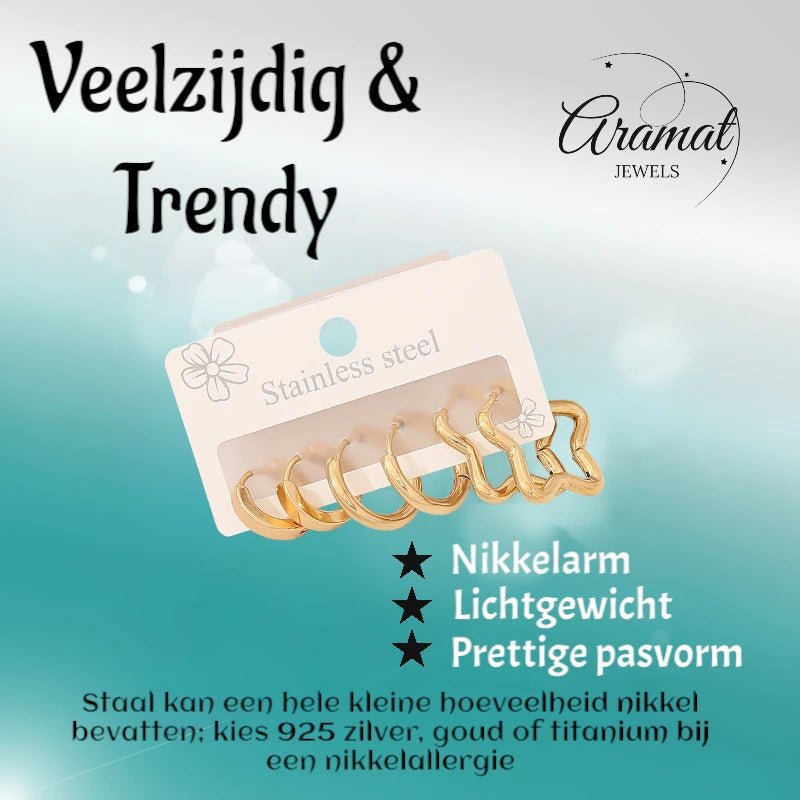 Goudkleurige stainless steel oorringenset &acirc;&euro;&ldquo; 2x rond + 1x stervormig &acirc;&euro;