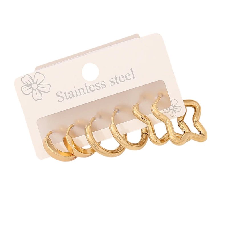 Goudkleurige stainless steel oorringenset &acirc;&euro;&ldquo; 2x rond + 1x stervormig &acirc;&euro;