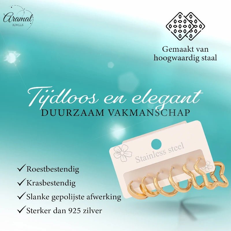 Goudkleurige stainless steel oorringenset &acirc;&euro;&ldquo; 2x rond + 1x stervormig &acirc;&euro;