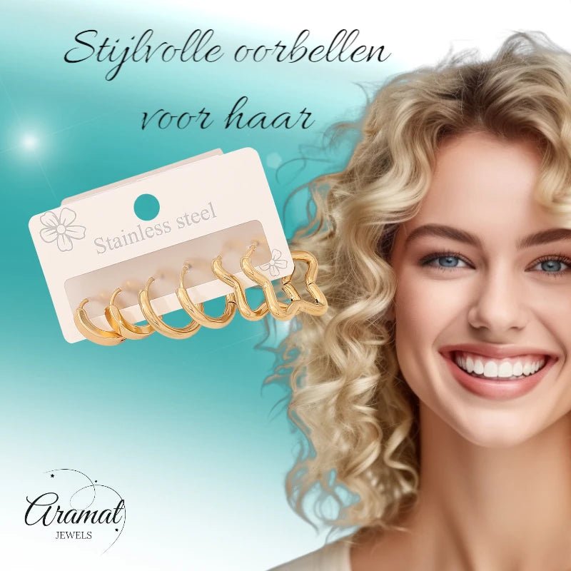 Goudkleurige stainless steel oorringenset &acirc;&euro;&ldquo; 2x rond + 1x stervormig &acirc;&euro;