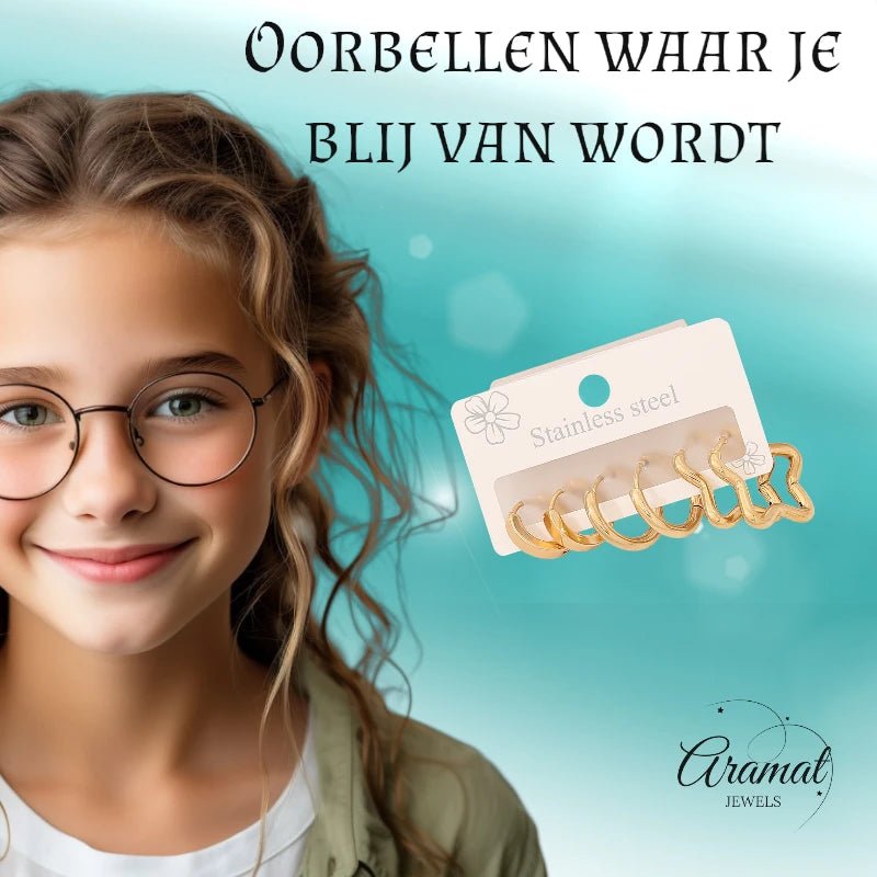 Goudkleurige stainless steel oorringenset &acirc;&euro;&ldquo; 2x rond + 1x stervormig &acirc;&euro;
