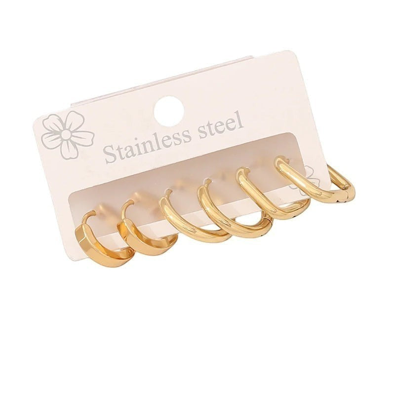 Goudkleurige stainless steel oorringen set &acirc;&euro;&ldquo; 2x rond + 1x vierkant &acirc;&euro;&