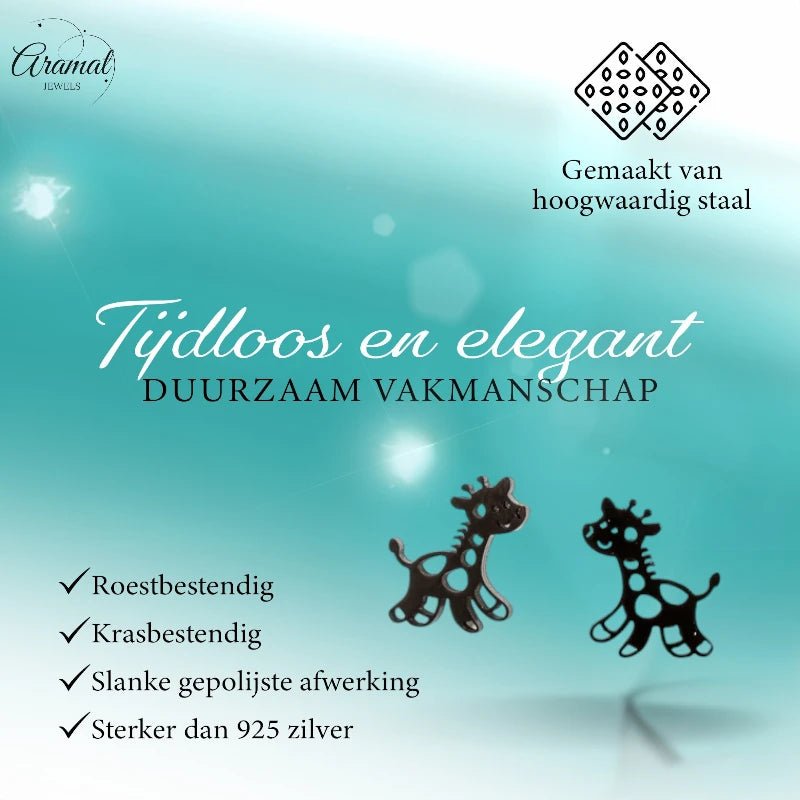 Meisjes oorbellen giraf zwart RVS -