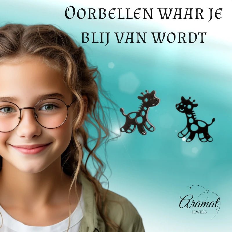 Meisjes oorbellen giraf zwart RVS -