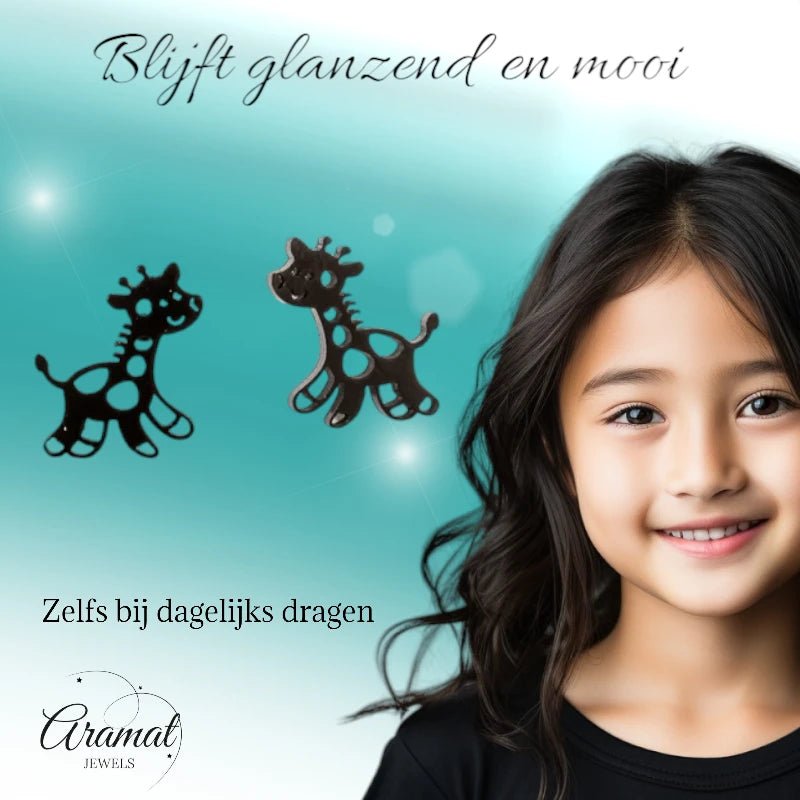 Meisjes oorbellen giraf zwart RVS -