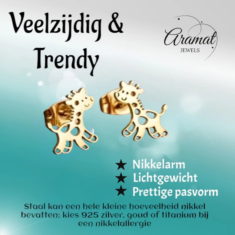 Meisjes oorbellen giraf goudkleurig RVS -