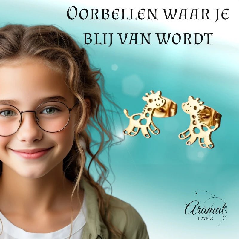 Meisjes oorbellen giraf goudkleurig RVS -